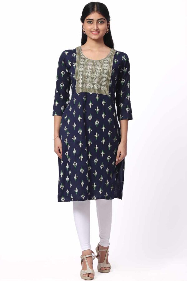 For-Yourself-Navy-Blue-With-Embroidery-Work-Kurti-Closeup-Cloth-2 Foryourself Navy Blue with Floral print & Embroidery Kurti