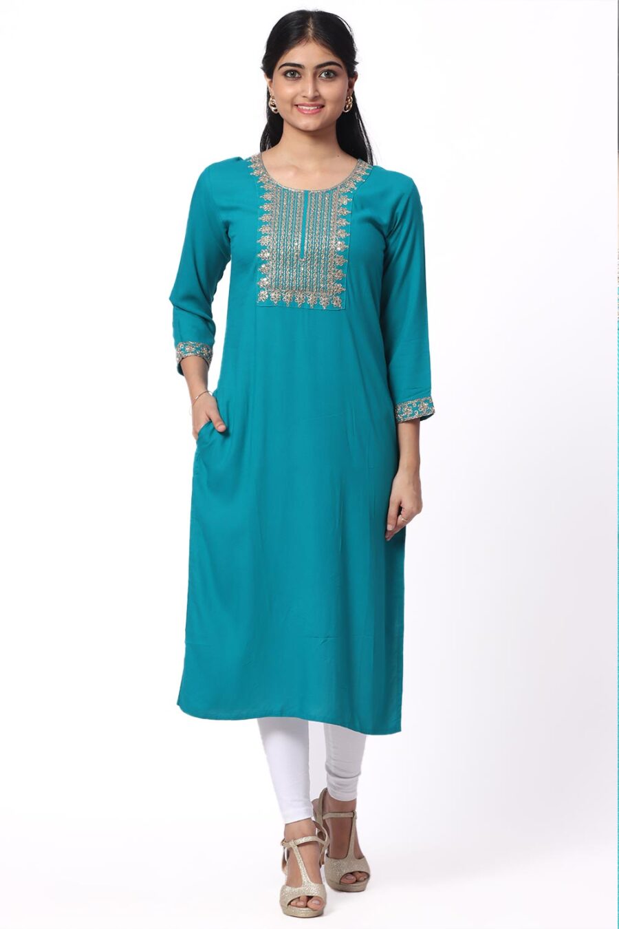 For-Yourself-Peacock-with-chamiki-work-Kurti-Closeup-Cloth-2 Foryourself Peacock Blue with Chamki work Kurti