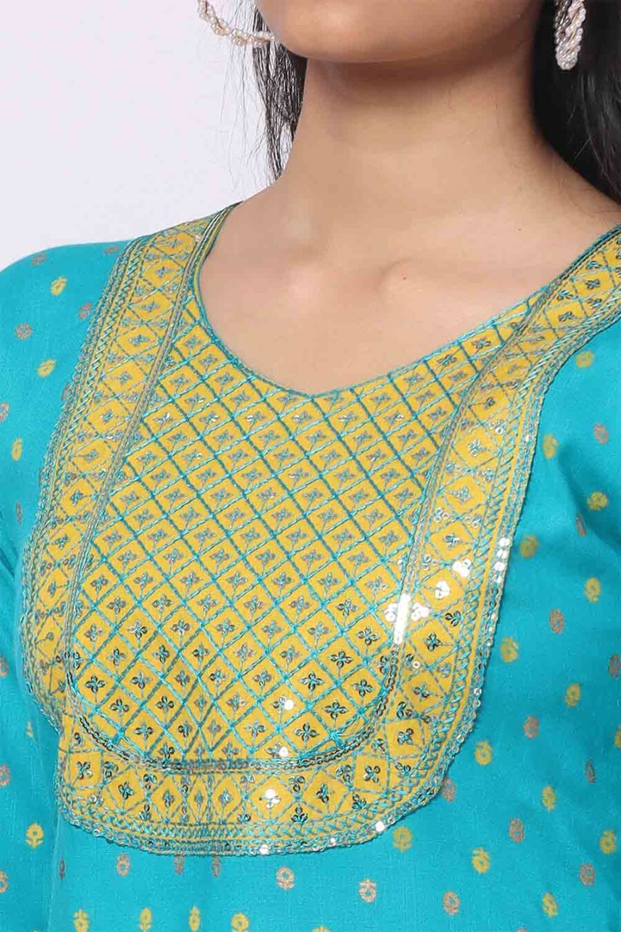 For-Yourself-Turquoise-Blue-With-print-Kurti-Closeup-Cloth-1 Foryourself Turquoise Blue With print & Chamki Work Kurti