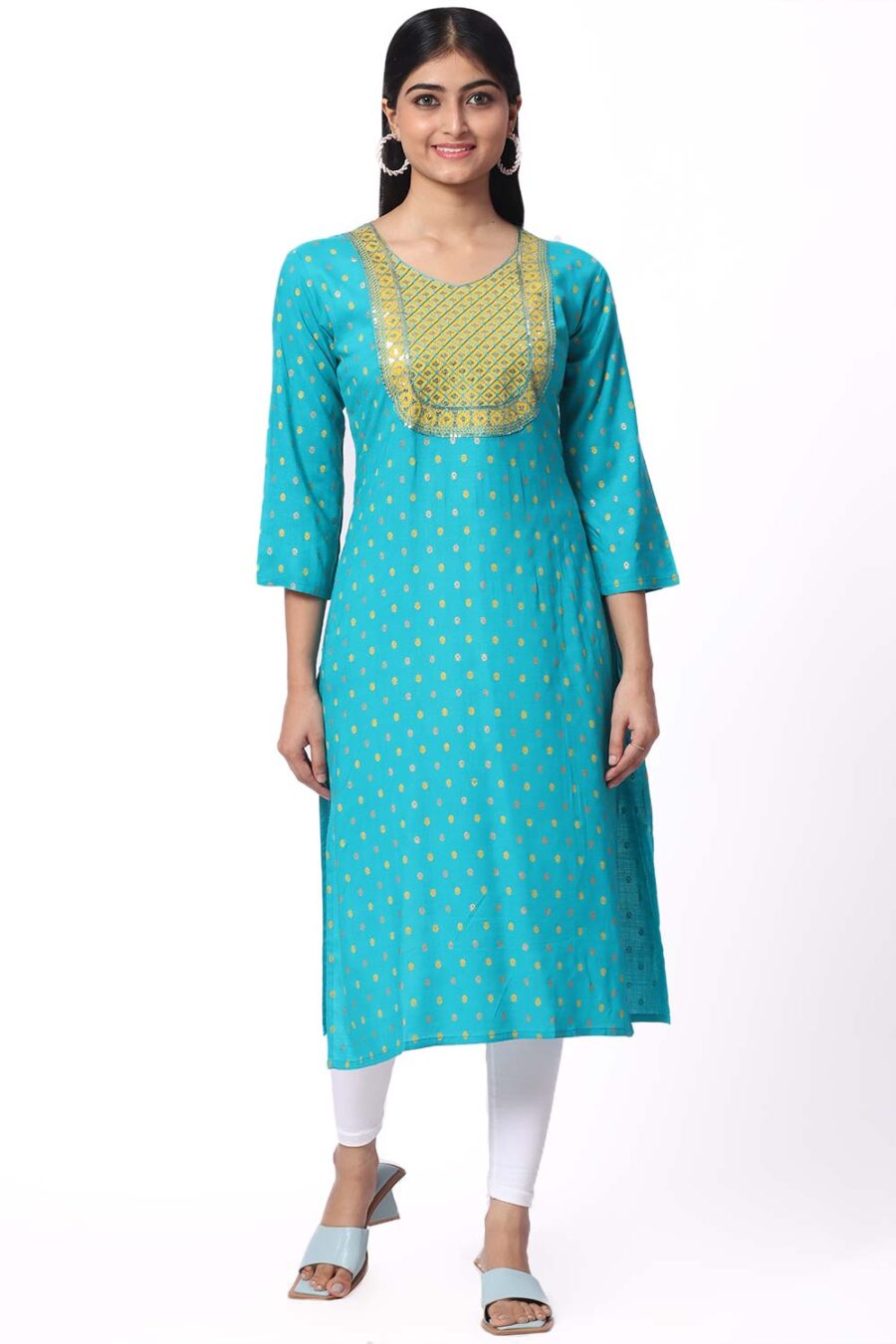 For-Yourself-Turquoise-Blue-With-print-Kurti-Closeup-Cloth-2 Foryourself Turquoise Blue With print & Chamki Work Kurti