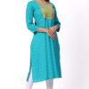For-Yourself-Turquoise-Blue-With-print-Kurti-Closeup-Cloth-3 Foryourself Turquoise Blue With print & Chamki Work Kurti