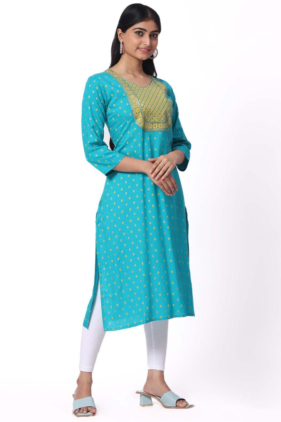 For-Yourself-Turquoise-Blue-With-print-Kurti-Closeup-Cloth-3 Foryourself Turquoise Blue With print & Chamki Work Kurti