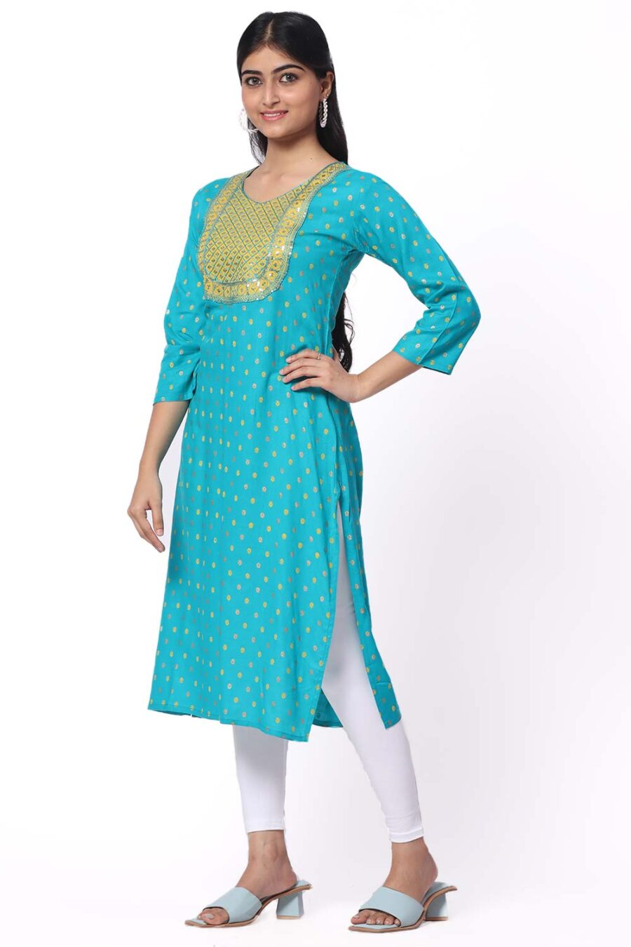 For-Yourself-Turquoise-Blue-With-print-Kurti-Closeup-Cloth-4 Foryourself Turquoise Blue With print & Chamki Work Kurti