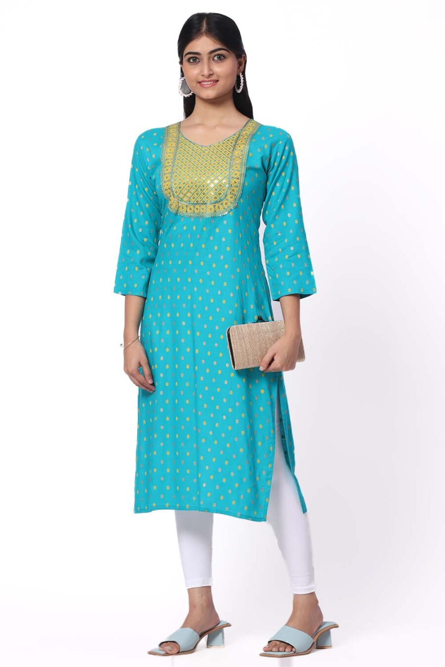 For-Yourself-Turquoise-Blue-With-print-Kurti-Closeup-Cloth-5 Foryourself Turquoise Blue With print & Chamki Work Kurti