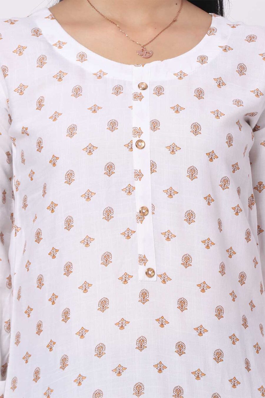 For-Yourself-white--with-orange-pattern-Work-work-Kurti-Closeup-Cloth-1 Foryourself White with Brown print work Kurti