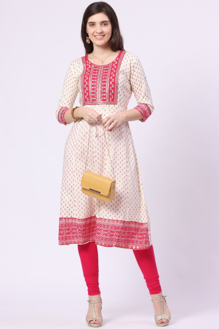 1-1 Foryourself Cream with Pink Embroidery and Print worked Kurti