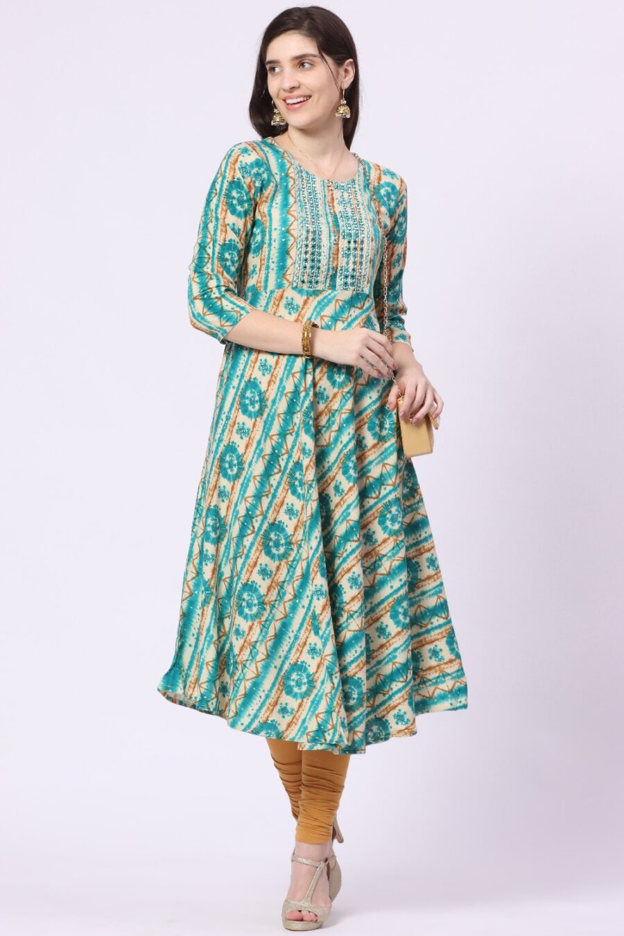 1-1 Foryourself Green & Sandal with Mirror work Kurti