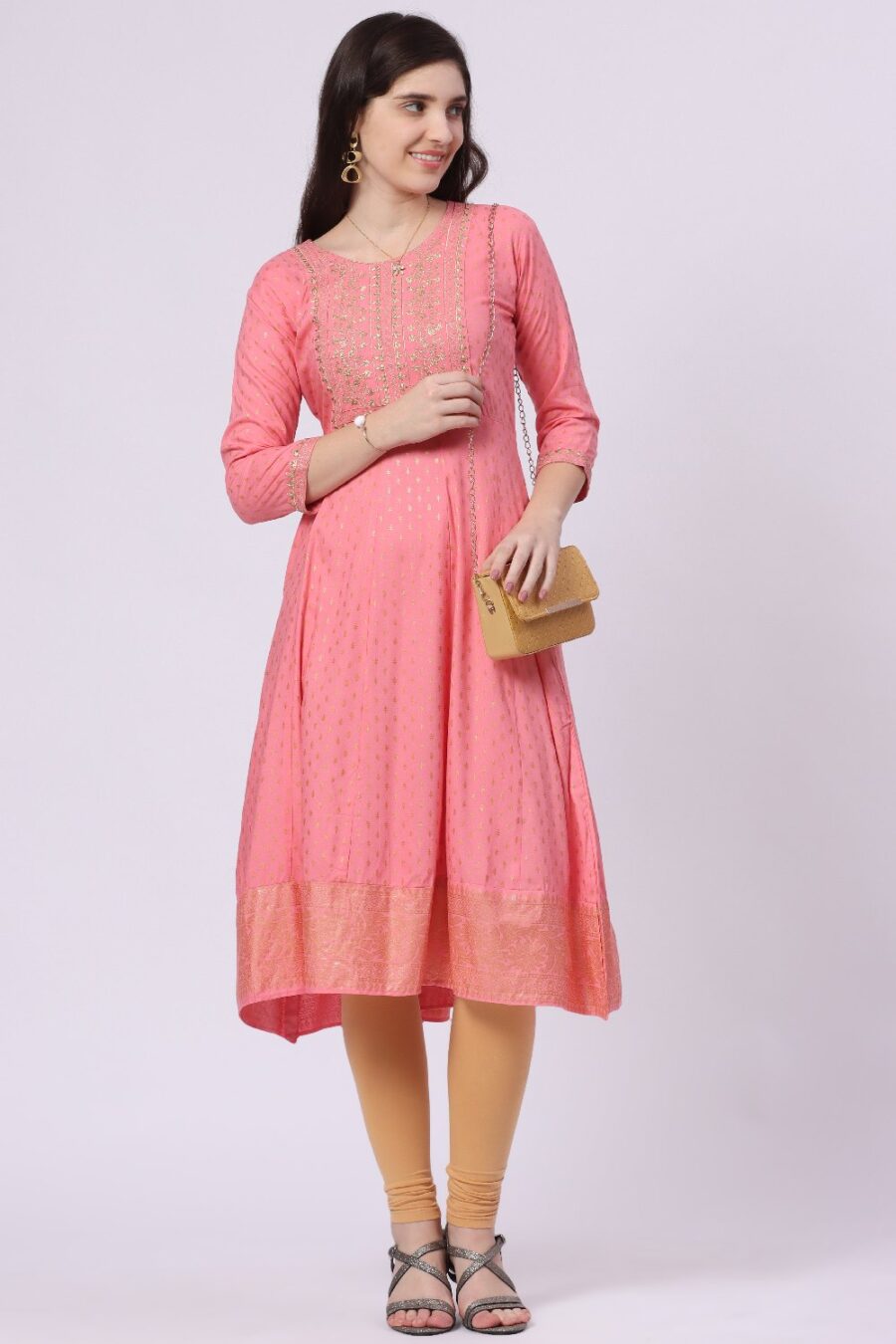 1-1 Foryourself Baby Pink with Embroidery & Golden print worked kurti
