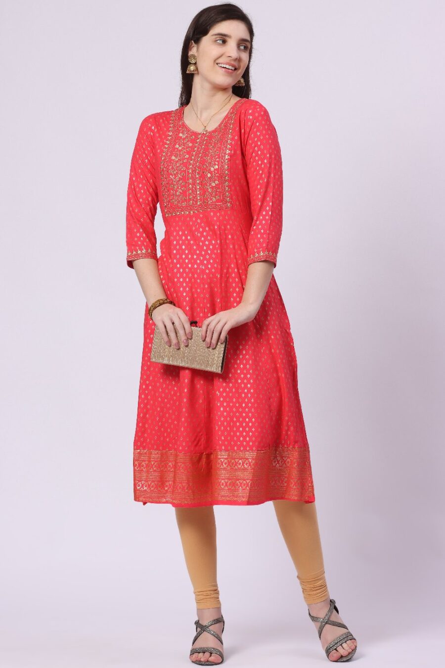 1-1 Foryourself Red with Embroidery work & Golden Print worked kurti