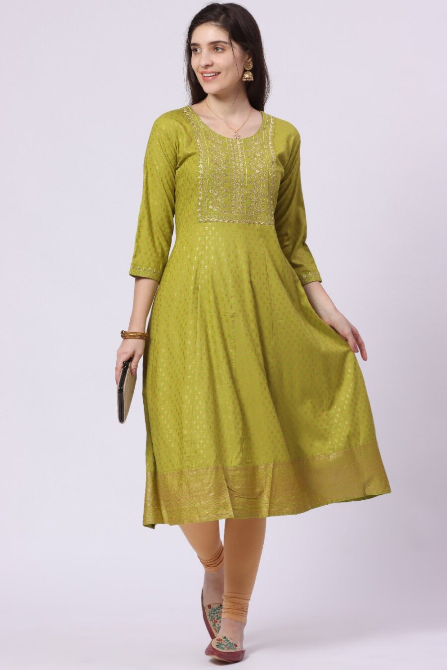 1-1 Foryourself Green with Embroidery & Golden Print worked kurti