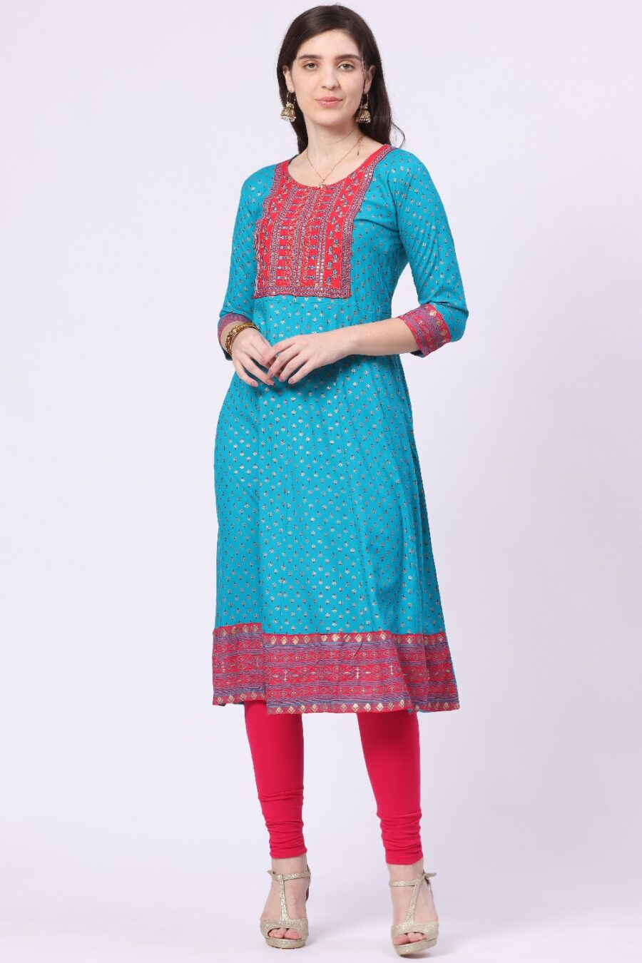 2-1 Foryourself Sky Blue with Red Embroidery and print worked Kurti