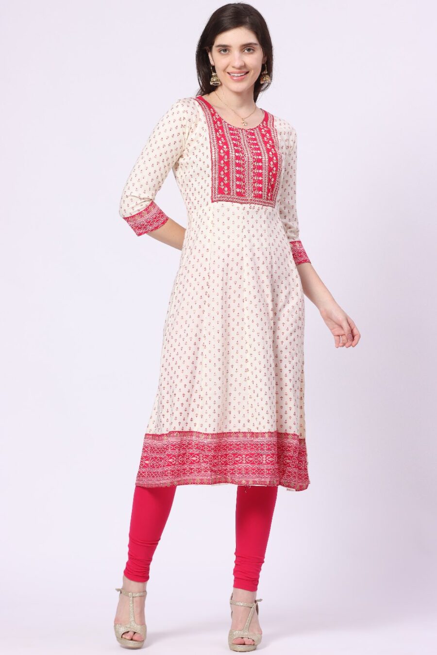 2-1 Foryourself Cream with Pink Embroidery and Print worked Kurti