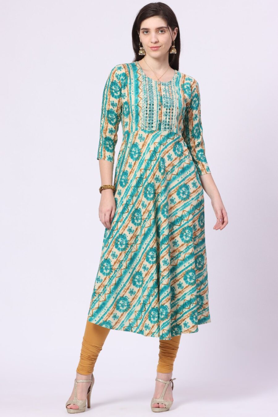 2-1 Foryourself Green & Sandal with Mirror work Kurti