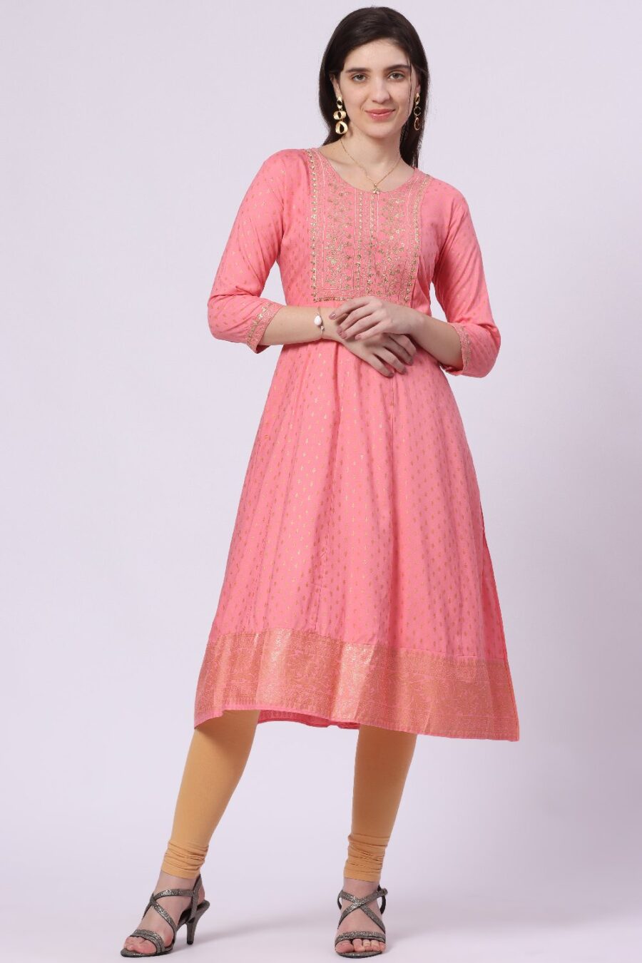 2-1 Foryourself Baby Pink with Embroidery & Golden print worked kurti