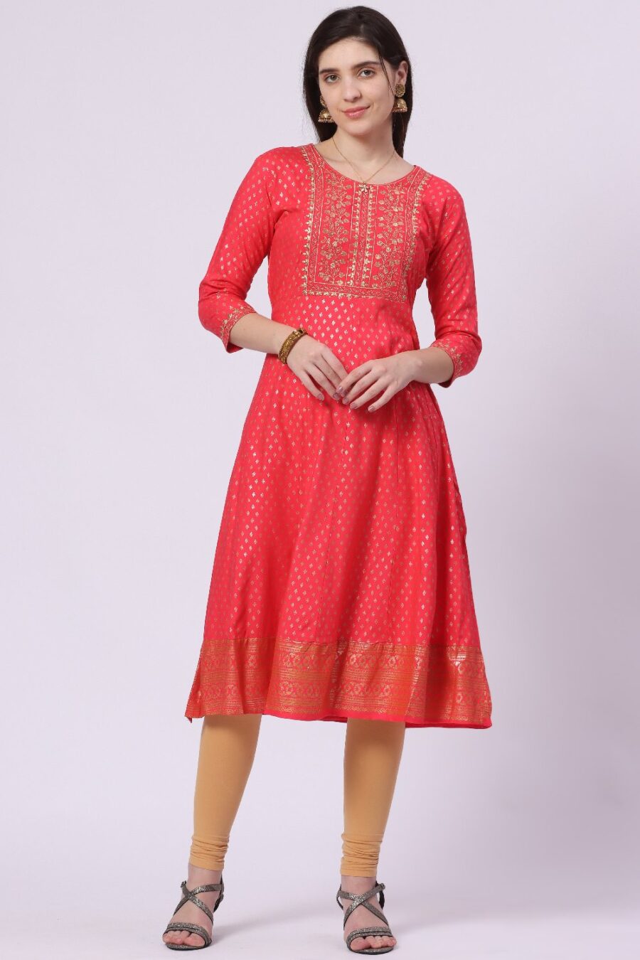 2-1 Foryourself Red with Embroidery work & Golden Print worked kurti
