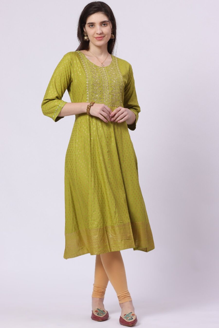 2-1 Foryourself Green with Embroidery & Golden Print worked kurti