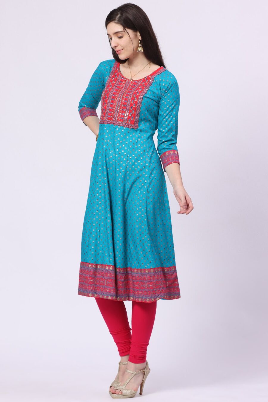 3-1 Foryourself Sky Blue with Red Embroidery and print worked Kurti