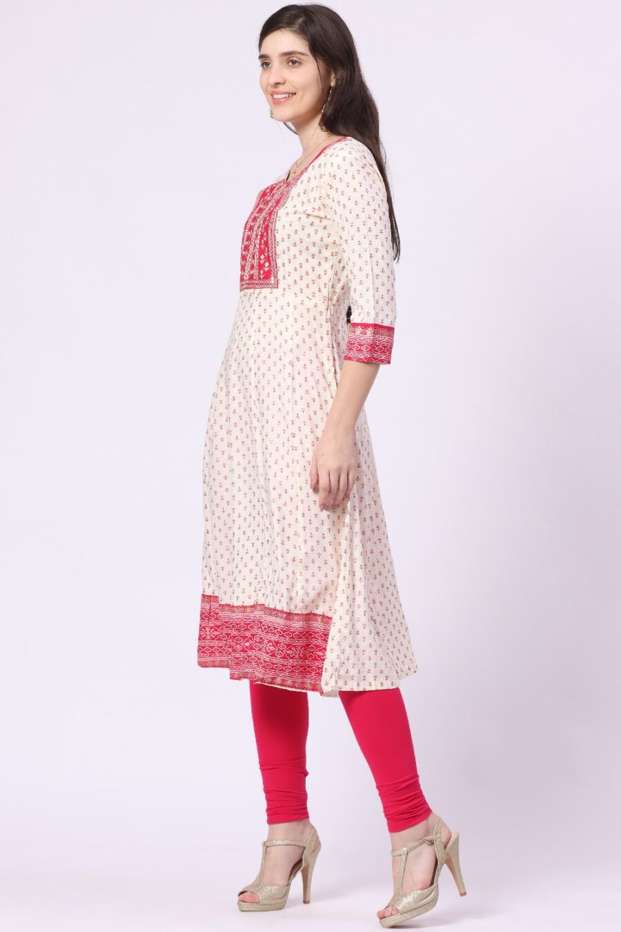 3-1 Foryourself Cream with Pink Embroidery and Print worked Kurti