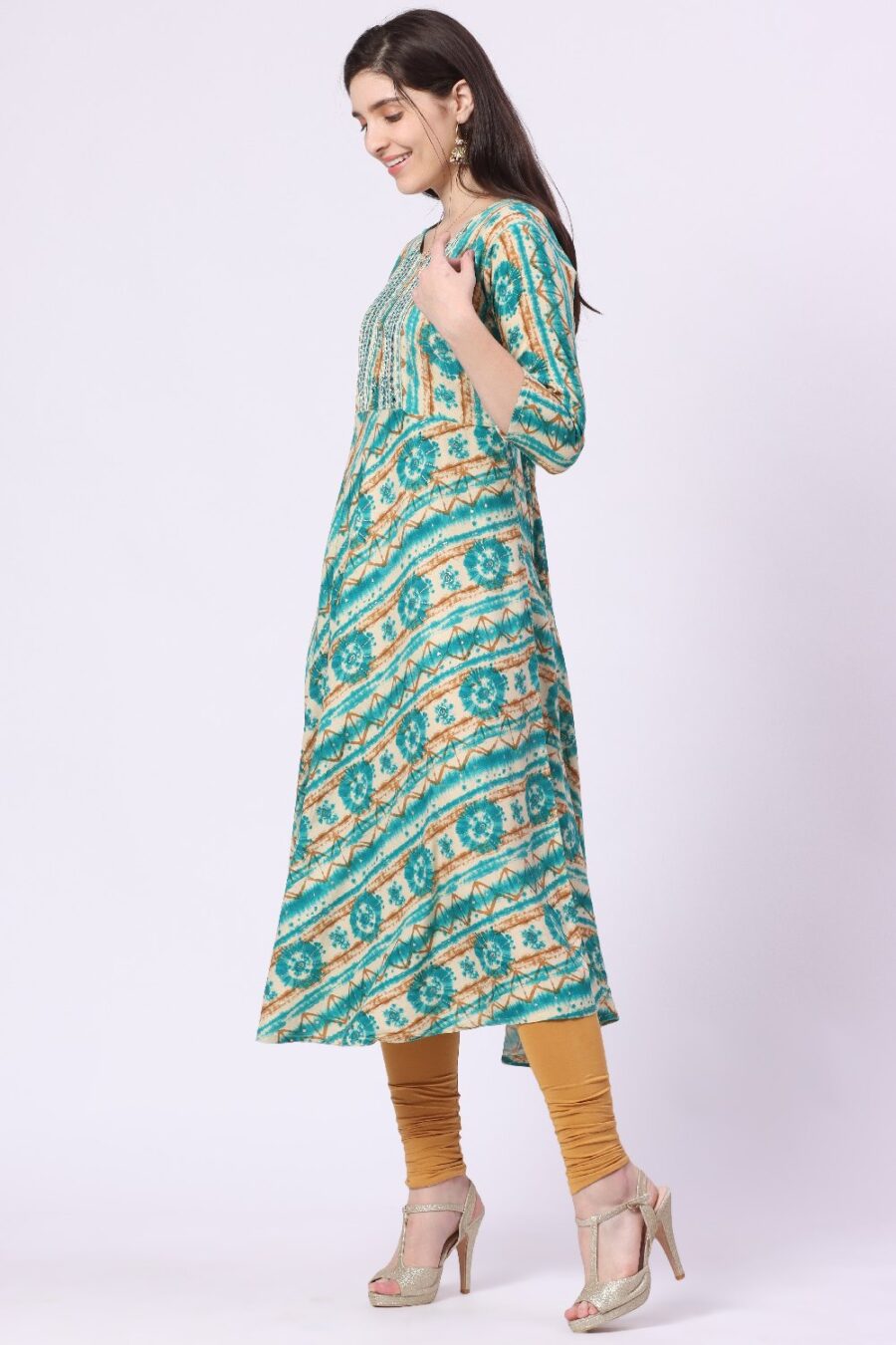 3-1 Foryourself Green & Sandal with Mirror work Kurti