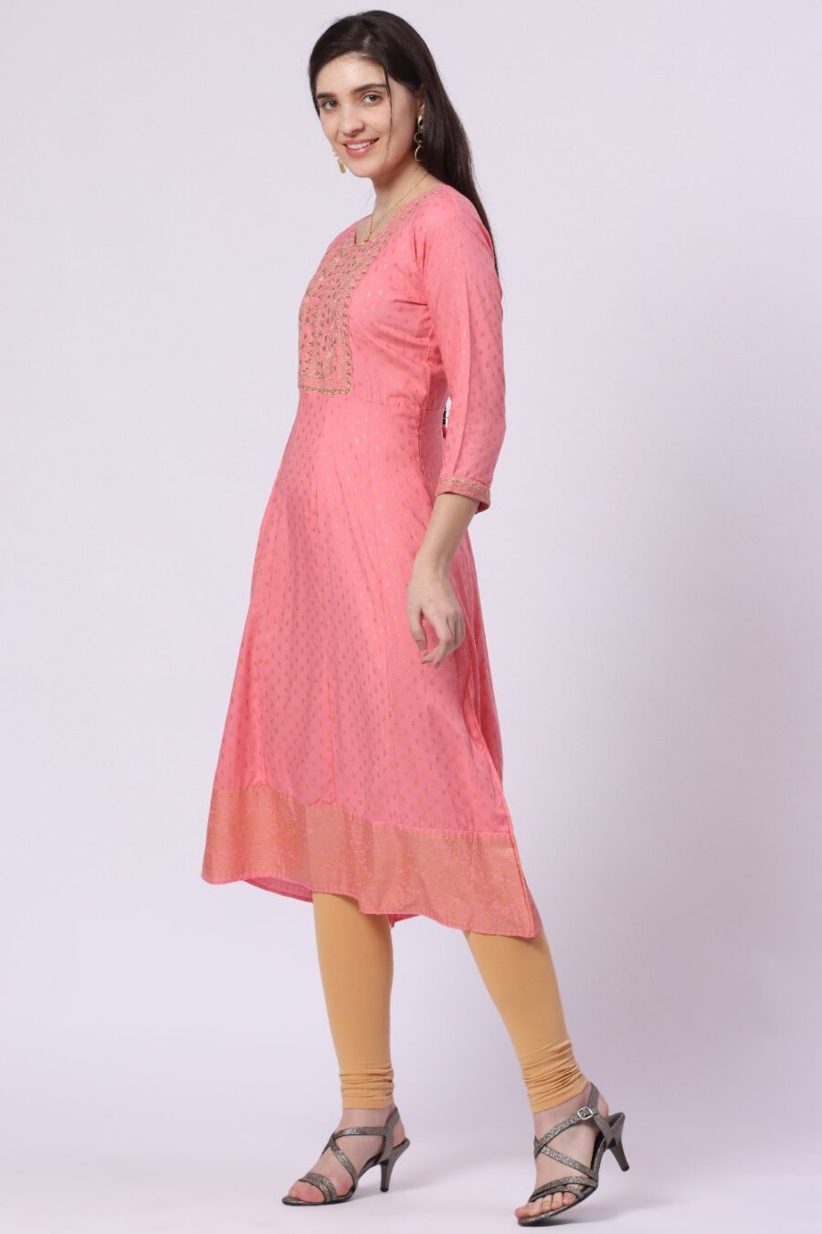 3-1 Foryourself Baby Pink with Embroidery & Golden print worked kurti