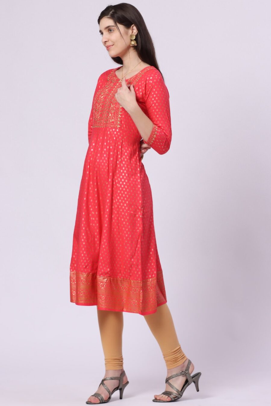 3-1 Foryourself Red with Embroidery work & Golden Print worked kurti