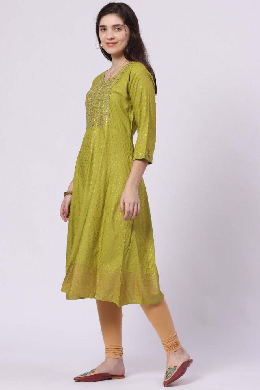 3-1 Foryourself Green with Embroidery & Golden Print worked kurti