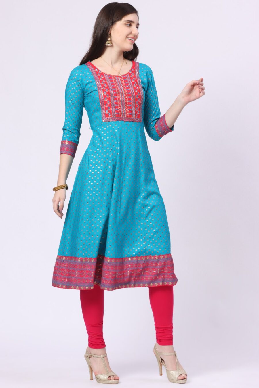 4-1 Foryourself Sky Blue with Red Embroidery and print worked Kurti