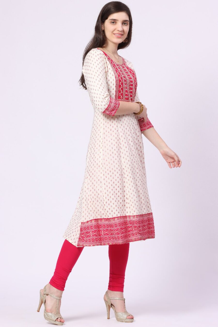 4-1 Foryourself Cream with Pink Embroidery and Print worked Kurti