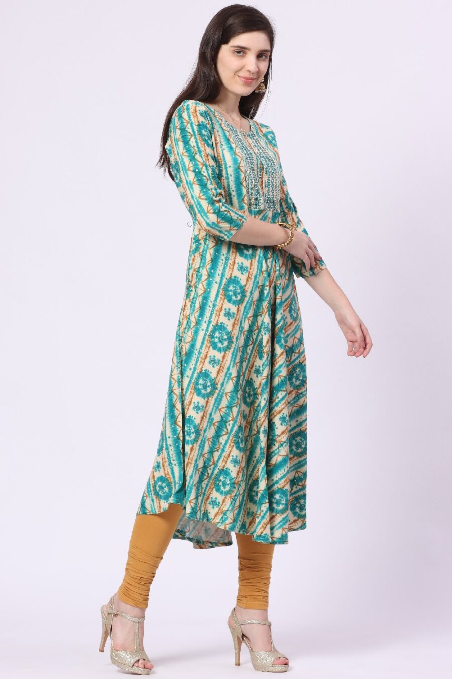 4-1 Foryourself Green & Sandal with Mirror work Kurti