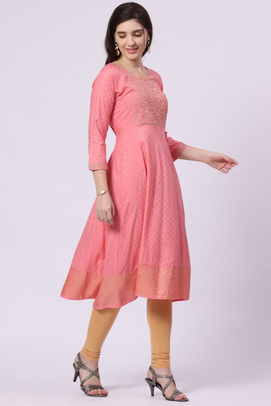 4-1 Foryourself Baby Pink with Embroidery & Golden print worked kurti