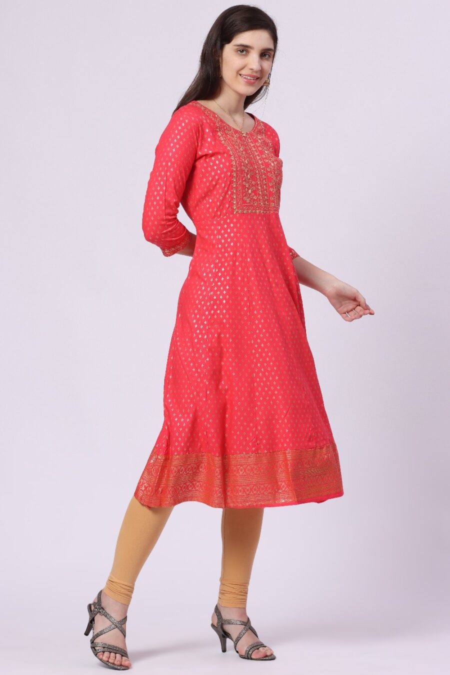 4-1 Foryourself Red with Embroidery work & Golden Print worked kurti