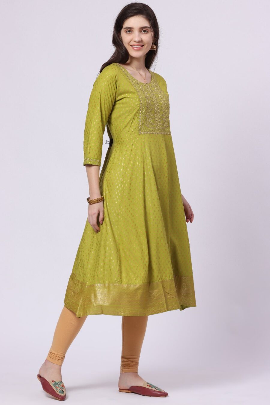 4-1 Foryourself Green with Embroidery & Golden Print worked kurti