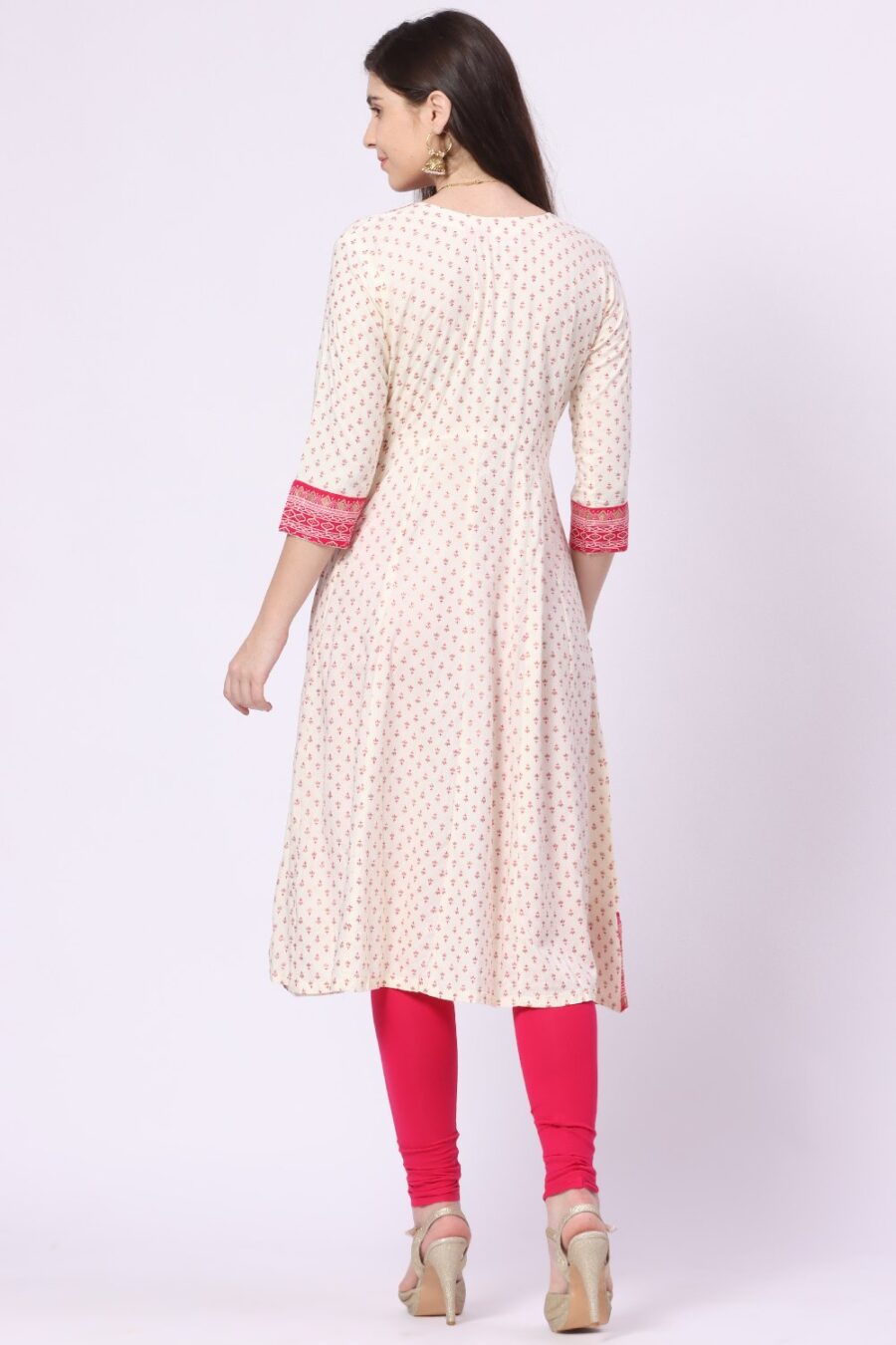 5-1 Foryourself Cream with Pink Embroidery and Print worked Kurti