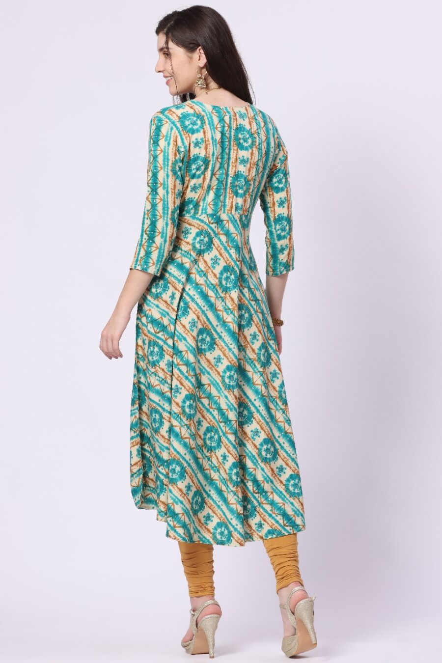 5-1 Foryourself Green & Sandal with Mirror work Kurti