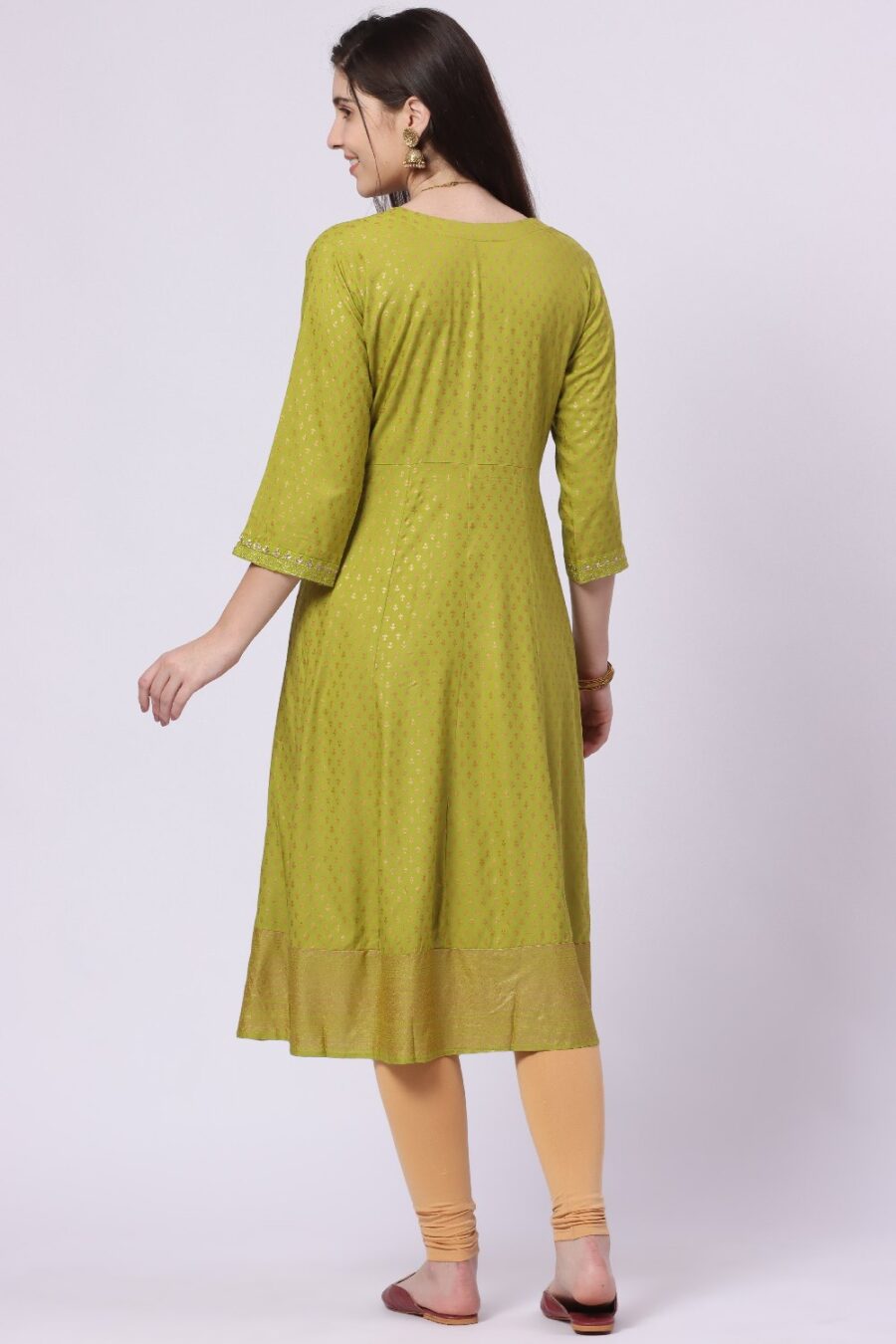 5-1 Foryourself Green with Embroidery & Golden Print worked kurti