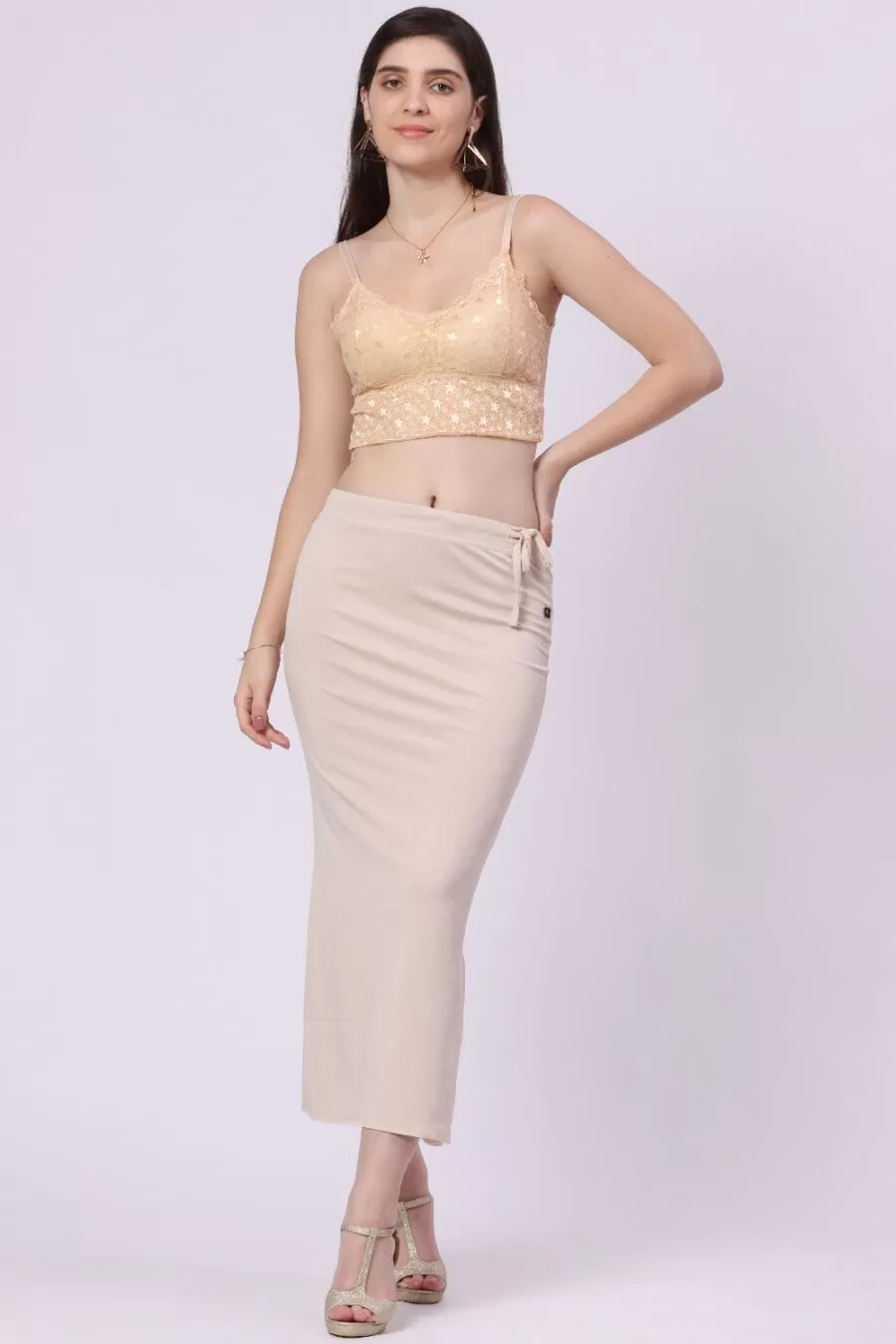 Foryourself Women Light Cream Solid Plain - Saree Shape Wear