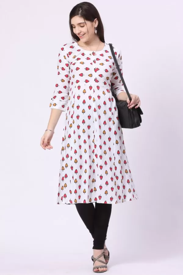 Foryourself White with Red and Mustard print work Kurti