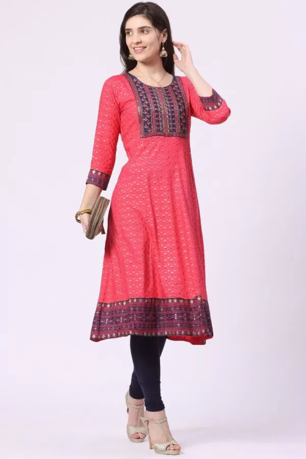 Foryourself Coral with Navy Blue Embroidery and Golden Print worked Kurti