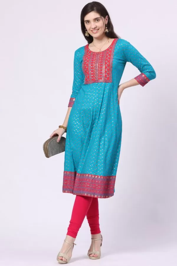 Foryourself Sky Blue with Red Embroidery and print worked Kurti